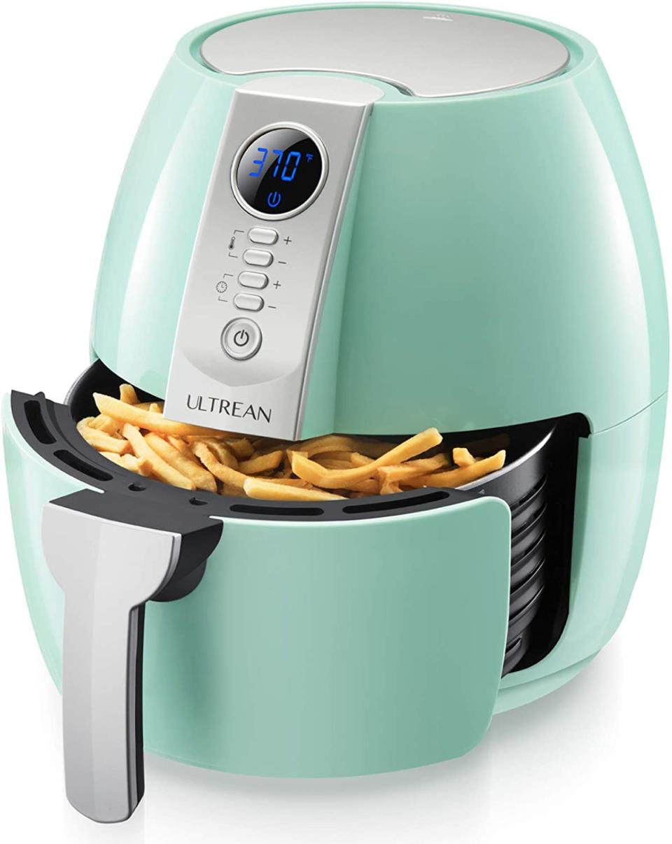 ULTREAN Air Fryer, 4.2 Quart in turquoise blue air fryer with french fries in the basket