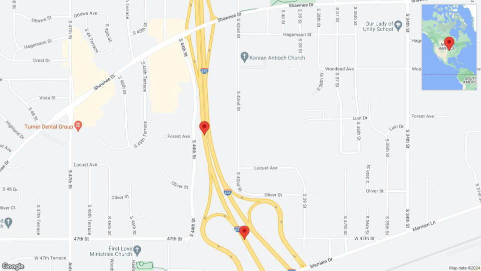 A detailed map that shows the affected road due to 'Heavy rain prompts traffic advisory on southbound I-635 in Kansas City' on May 19th at 11:27 p.m.