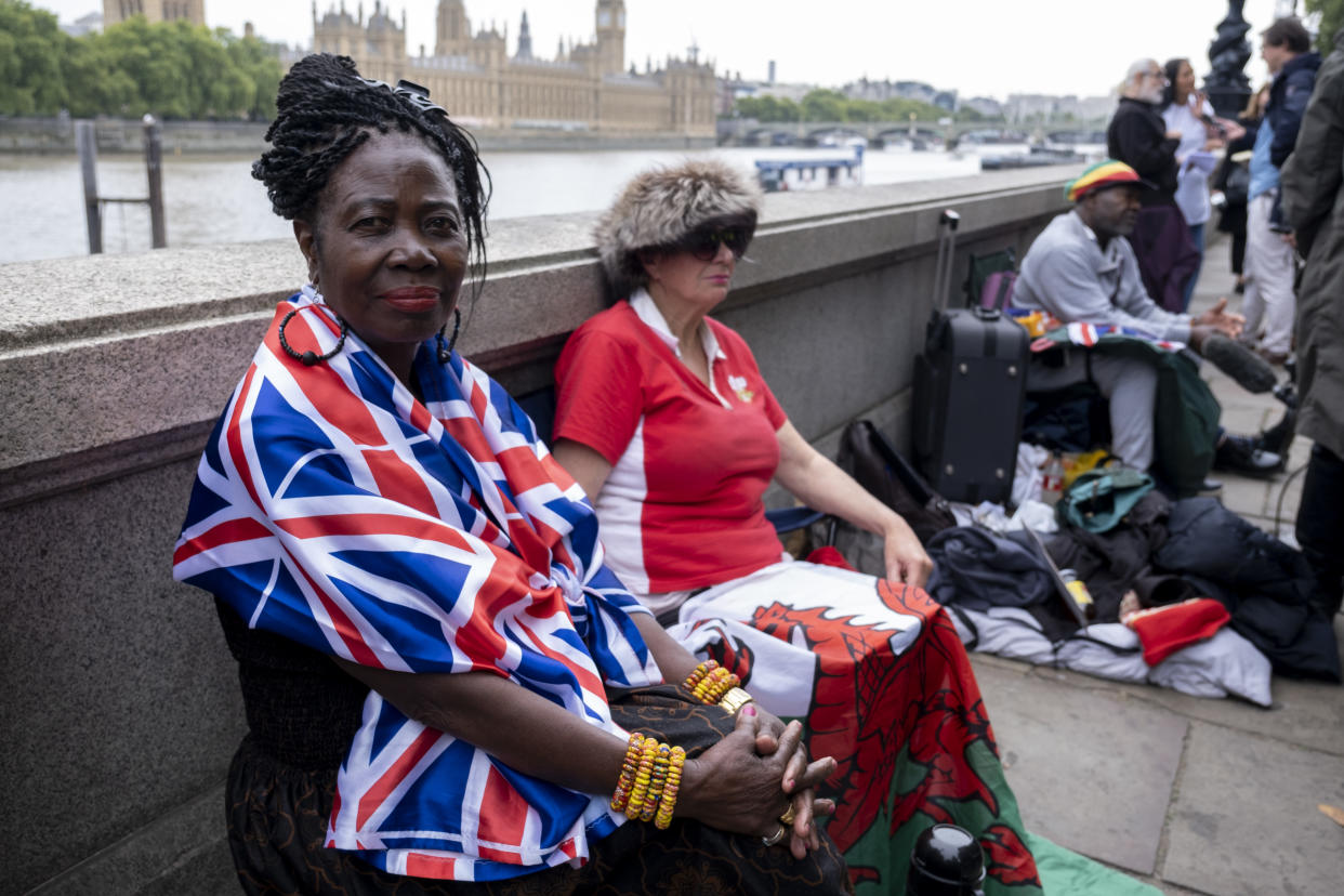 Grace (L) of London, and Anne (R) from Wales are first in line at the front of the queue to see the Queen's coffin lying in state following the death of Queen Elizabeth II on 13th September 2022 in London, United Kingdom. The queue has started to form and is only a handful of people in length, and which is currently far outweighed by the number of media, is estimated to build to a 30 hour, 3 mile line of mourners. Hundreds of thousands are expected. (photo by Mike Kemp/In Pictures via Getty Images)