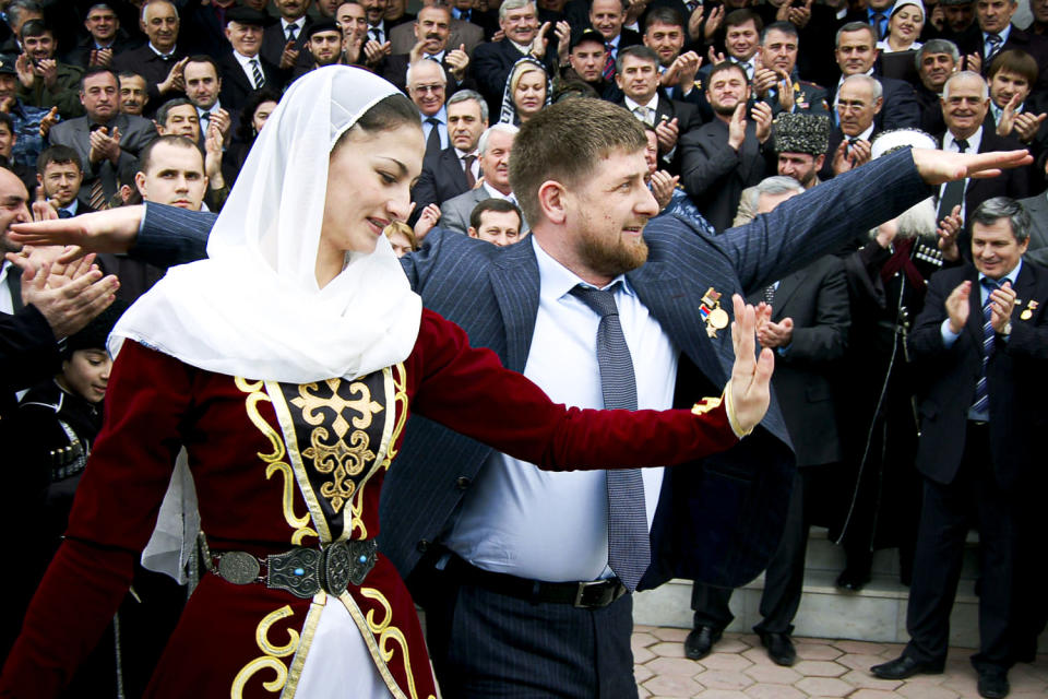 Ramzan Kadyrov dances. (Dmitry Nikiforov / NewsTeam via AP file)