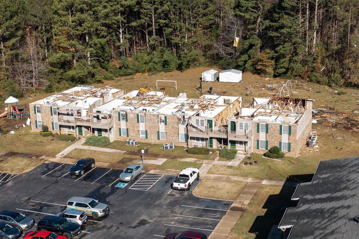 This aerial image shows roof damage to the Sagewood Apartments after an apparent tornado, in Eutaw, Alabama