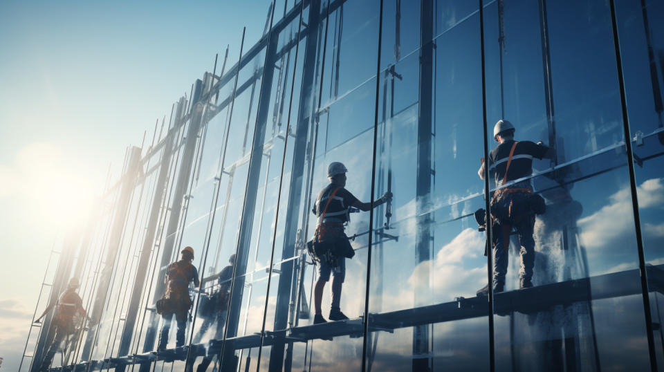 A construction crew building a modern, energy-efficient skyscraper with a curtain wall of aluminum.