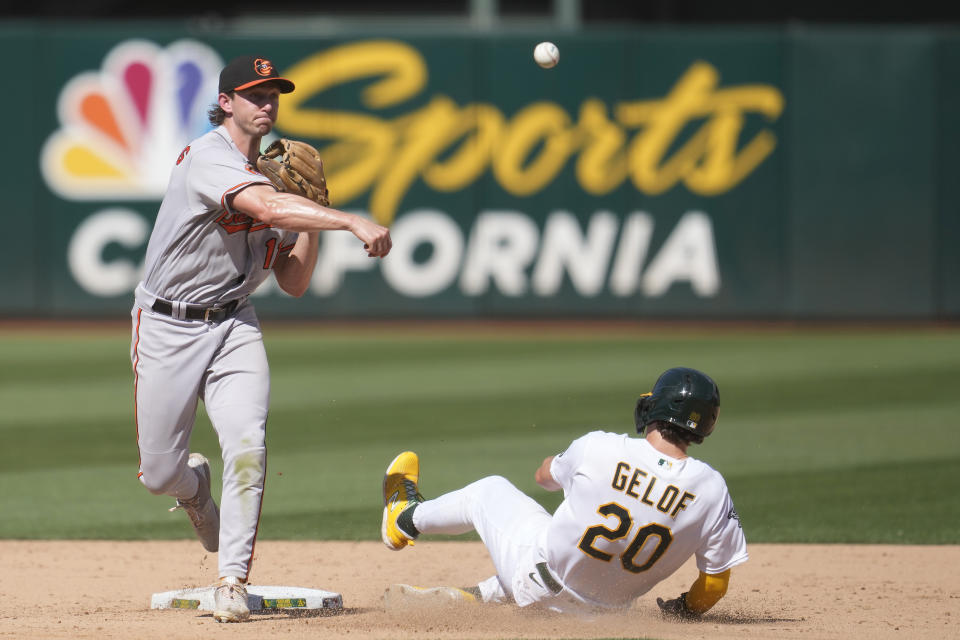 Baltimore Orioles second baseman Jordan Westburg, left, throws to first base after forcing out Oakland Athletics' Zack Gelof (20) at second on a double play hit into by Athletics' Jonah Bride during the ninth inning of a baseball game in Oakland, Calif., Sunday, Aug. 20, 2023. (AP Photo/Jeff Chiu)