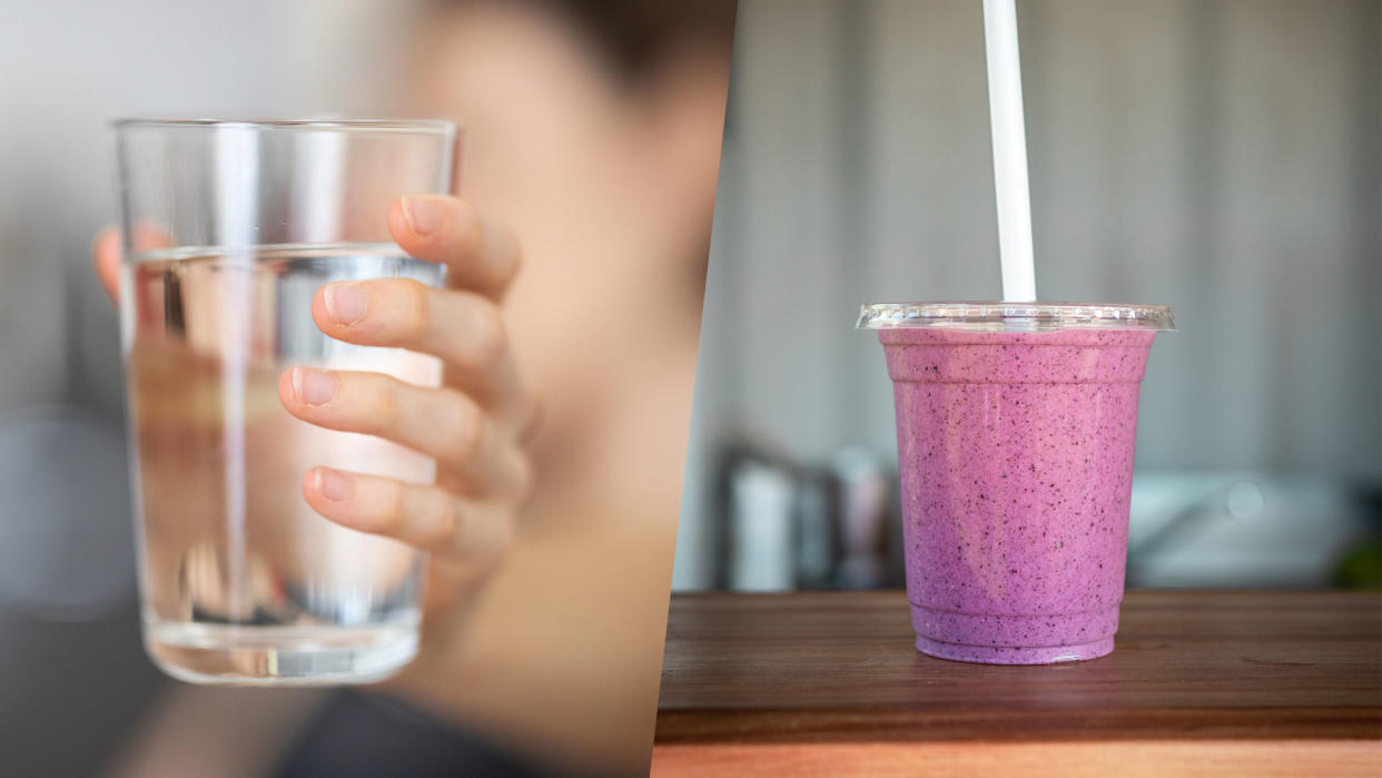  Photos of water and a smoothie. 