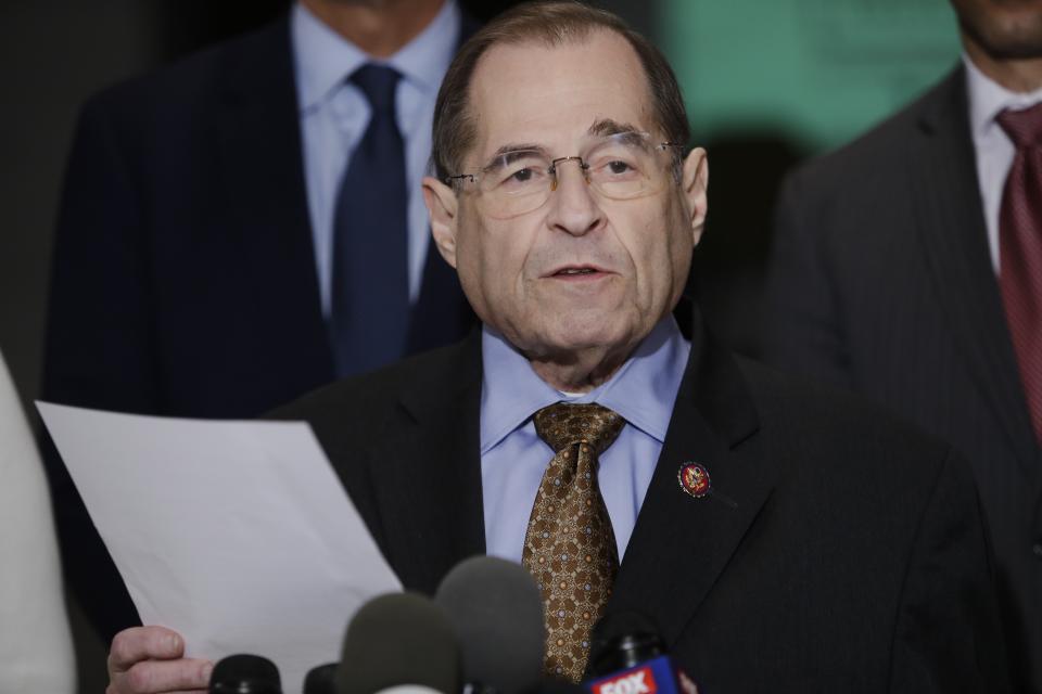 U.S. Rep. Jerrold Nadler, D-N.Y., chair of the House Judiciary Committee, speaks during a news conference, Wednesday, April 17, 2019, in New York. The Justice Department on Thursday plans to release a redacted version of the special counsel's report on Russian election interference and Donald Trump's campaign. (AP Photo/Frank Franklin II)