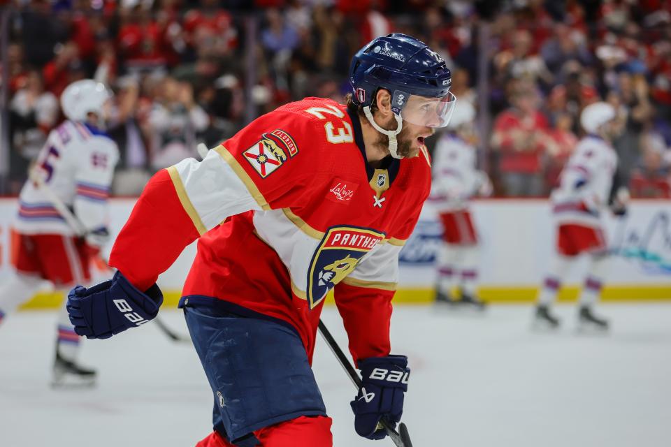 May 28, 2024; Sunrise, Florida, USA; Florida Panthers center Carter Verhaeghe (23) looks on after scoring against the New York Rangers during the second period in game four of the Eastern Conference Final of the 2024 Stanley Cup Playoffs at Amerant Bank Arena. Mandatory Credit: Sam Navarro-USA TODAY Sports