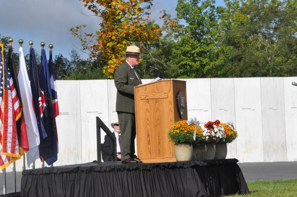 Stephen Clark, superintendent of the Flight 93 National Memorial, greeted the crowd at Monday's 22nd memorial observance of Sept. 11, 2001.