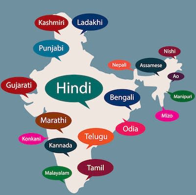 Different languages are predominantly spoken in different parts of India. <a href="https://www.gettyimages.com/detail/illustration/indian-map-with-official-languages-of-indian-royalty-free-illustration/1490281073?phrase=map+of+indian+languages&adppopup=true" rel="nofollow noopener" target="_blank" data-ylk="slk:Venkatesh Selvarajan/iStock via Getty Images;elm:context_link;itc:0;sec:content-canvas" class="link ">Venkatesh Selvarajan/iStock via Getty Images</a>