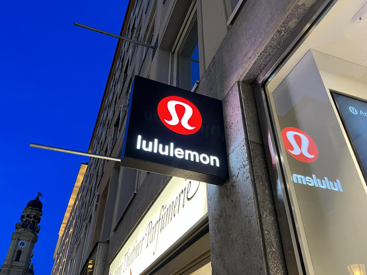Munich, Bavaria Germany - February 22, 2022: Lululemon Athletica high end fashion at home yoga sports wear shop - store front with logo in Munich Germany.