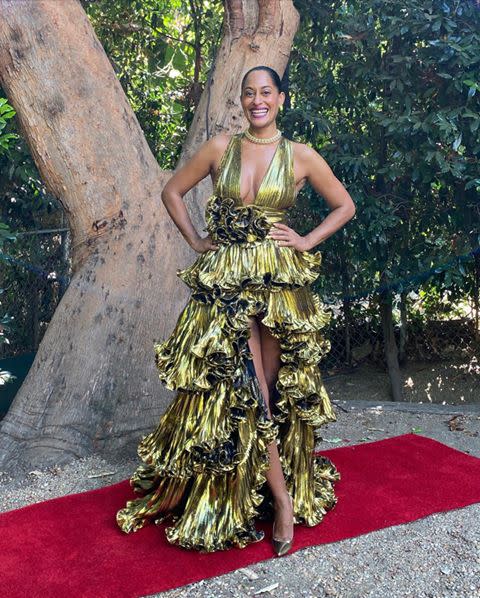 <p>Tracee Ellis Ross in a dress by Alexandre Vauthier, shoes by Jimmy Choo, and jewelry by Tiffany & Co. </p><p><a href="https://www.instagram.com/p/CFYKVjulcyr/" rel="nofollow noopener" target="_blank" data-ylk="slk:See the original post on Instagram;elm:context_link;itc:0;sec:content-canvas" class="link ">See the original post on Instagram</a></p>
