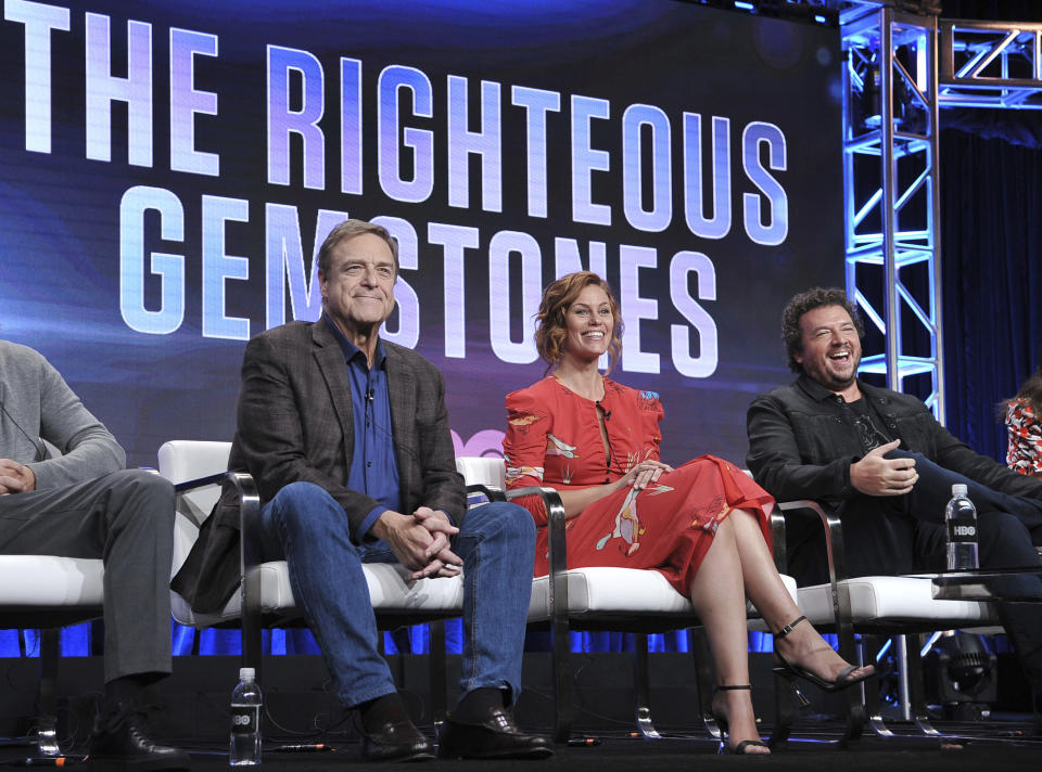 John Goodman, from left, Cassidy Freeman and creator/executive producer/director/writer Danny McBride participate in HBO's "The Righteous Gemstones" panel at the Television Critics Association Summer Press Tour on Wednesday, July 24, 2019, in Beverly Hills, Calif. (Photo by Richard Shotwell/Invision/AP)