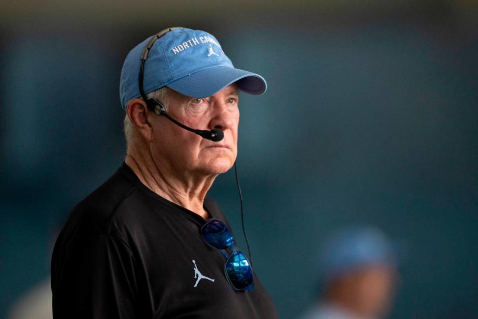 North Carolina coach Mack Brown watches his team during their first day of practice on Wednesday, August 2, 2023 in Chapel Hill, N.C.