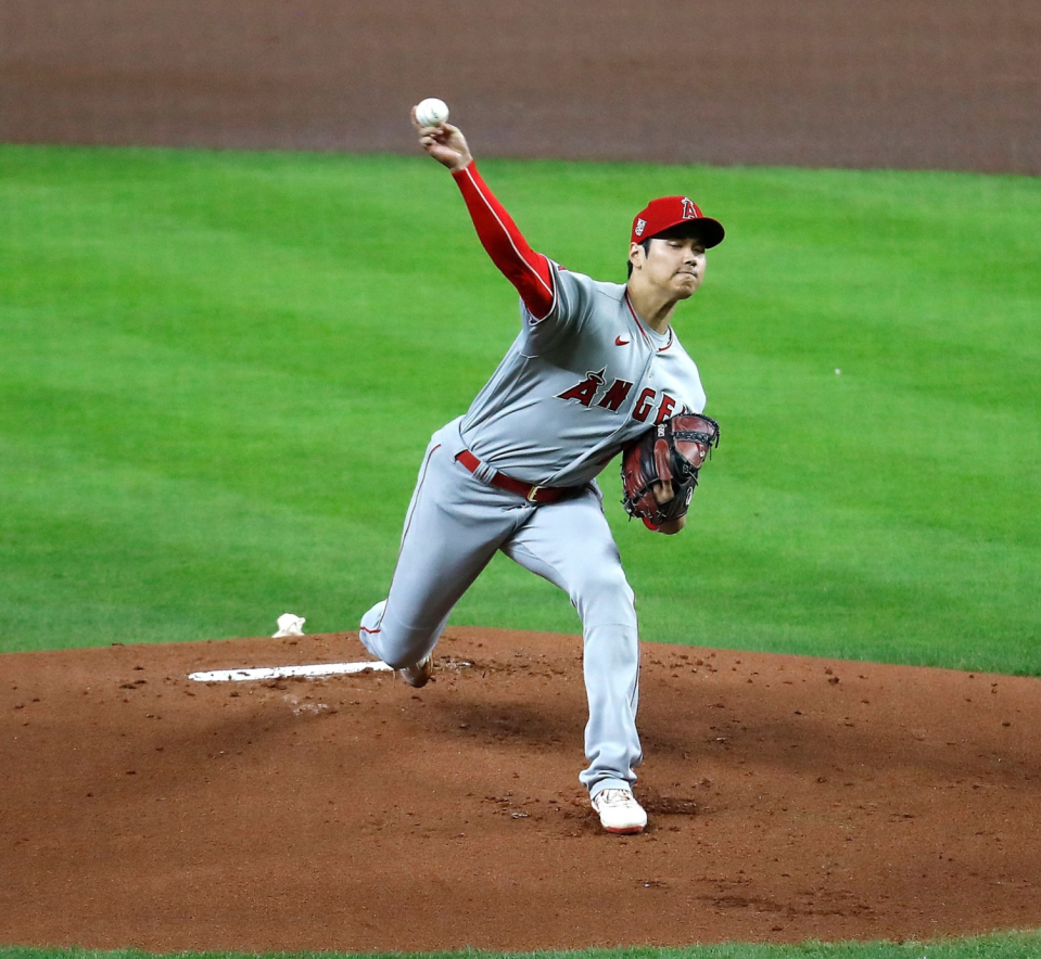 Angels starter Shohei Ohtani delivers a pitch during the first inning of Tuesday's 5-1 loss to the Houston Astros.