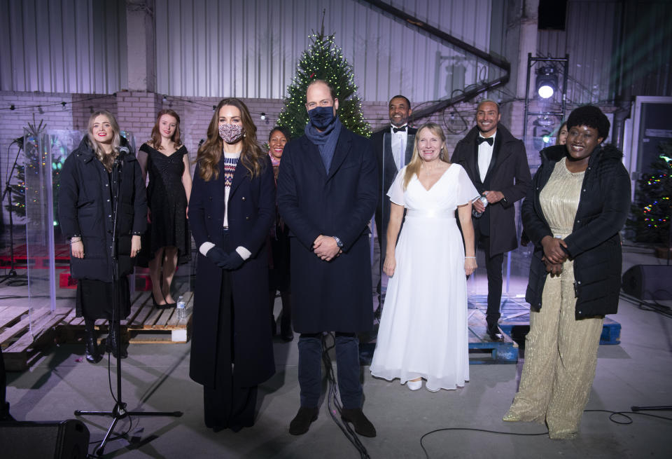 The Duke and Duchess of Cambridge met with members of Manchester Inspirational Voices at Old Smithfields Market in Manchester on their final stop of the day for a visit to FareShare in Manchester on 7 December. (Getty Images)