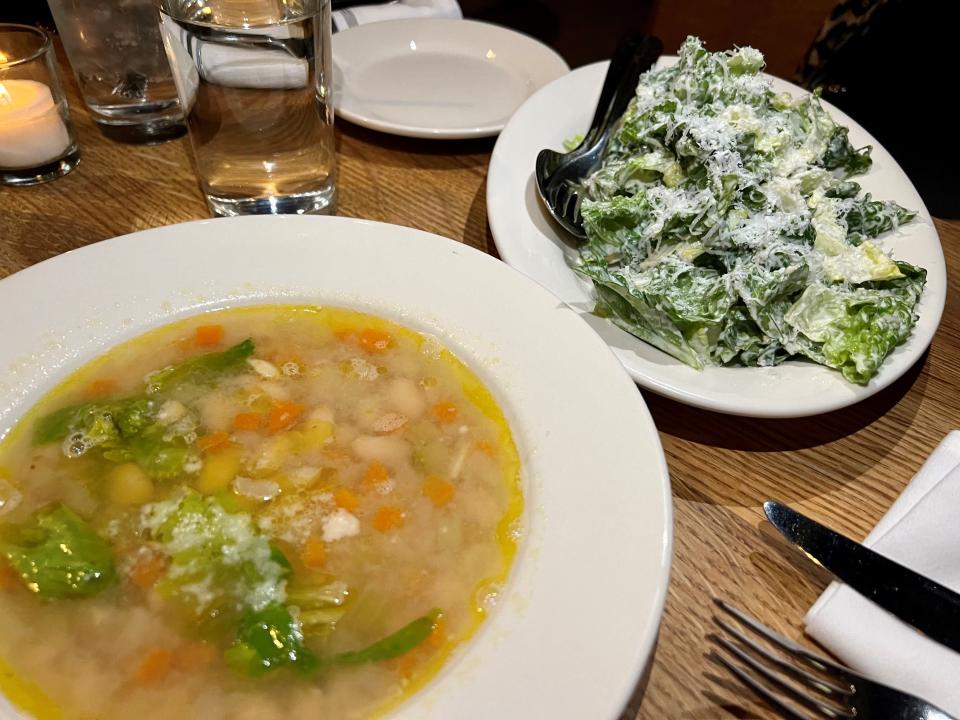 Escarole & cannellini bean soup and romaine hearts with Caesar dressing at Frankies 925 Spuntino in Nashville on Nov. 19, 2023