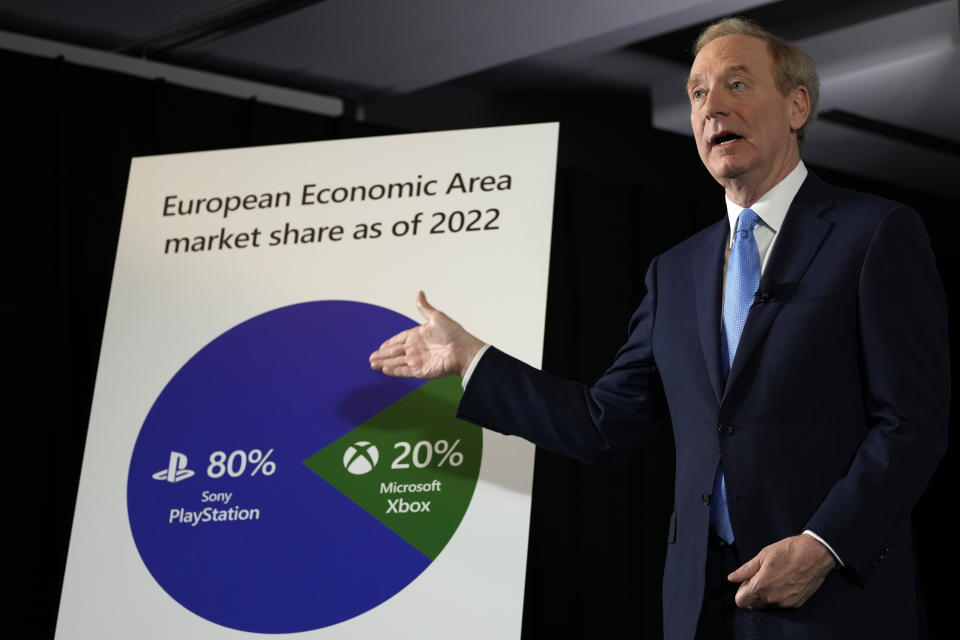 Microsoft President Brad Smith addresses a media conference regarding Microsoft's acquisition of Activision Blizzard and the future of gaming in Brussels, Tuesday, Feb. 21, 2023. (AP Photo/Virginia Mayo)