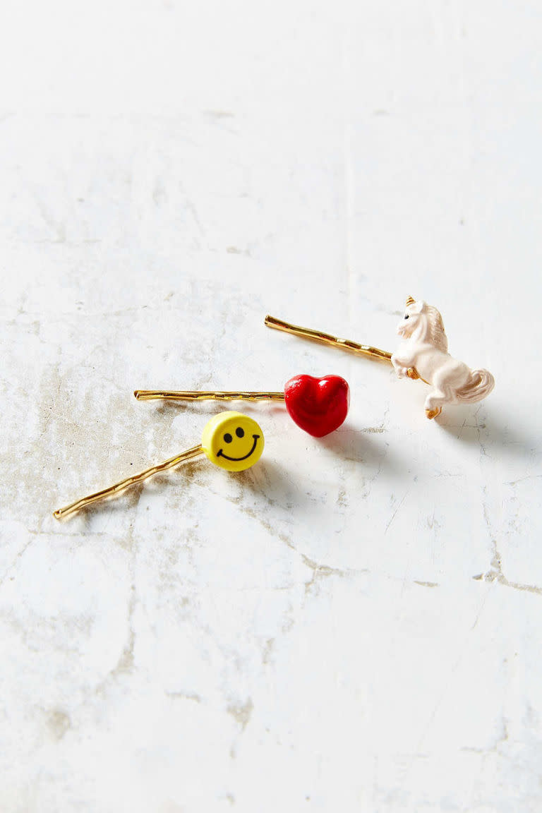 <p><a rel="nofollow noopener" href="http://www.urbanoutfitters.com/urban/catalog/productdetail.jsp?id=37254901" target="_blank" data-ylk="slk:Unicorn Heart Hair Pin Set;elm:context_link;itc:0;sec:content-canvas" class="link "><i>Unicorn Heart Hair Pin Set</i></a><i>, VENESSA ARIZAGA x URBAN OUTFITTERS, $85</i></p>