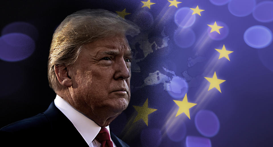 Donald Trump named the European Union as a foe to the United States. (Photo illustration: Yahoo News; photos: Al Drago/Getty Images, Getty Images)