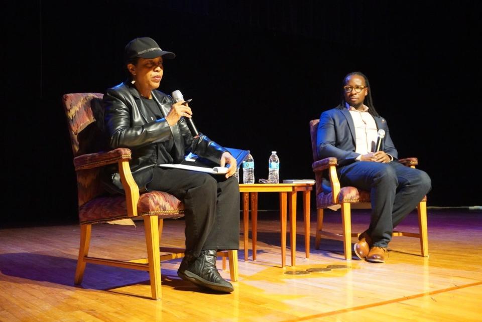 Deborah G. Plant, left, editor of the New York Times bestseller "Barracoon: The Story of the Last Black Cargo" by Zora Neale Hurston, and New York Times bestselling author Ibram X. Kendi, right, spoke about his book adaptation for young readers of Hurston’s acclaimed non-fiction work, "Barracoon," at an event Friday at Lincoln Middle School in Gainesville.