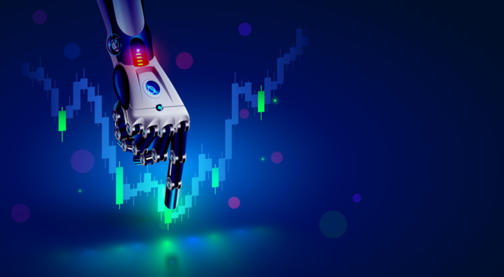 An image of a robotic hand pointing at a point on a stock graph to illustrate AI analysis in stock picking