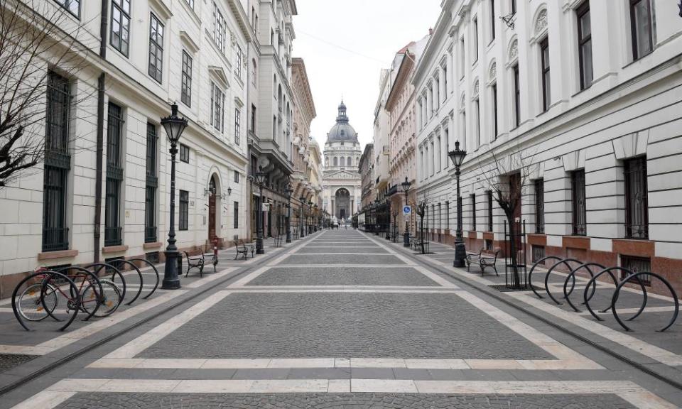 Budapest’s normally busy Zrinyi street, dominated by St Stephen’s Basilica, during Hungary’s Covid-19 lockdown.