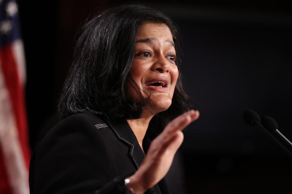 Rep. Pramila Jayapal, D-Wash., holds a news conference to announce legislation that would tax the net worth of America's wealthiest individuals at the U.S. Capitol on March 01, 2021 in Washington, D.C.