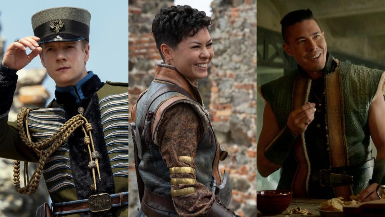  Side by side, from left to right of Patrick Gibson holding his hat, Anna Leong Brophy smiling over her shoulder and Lewis Tan smiling in Season 2 of Shadow and Bone  