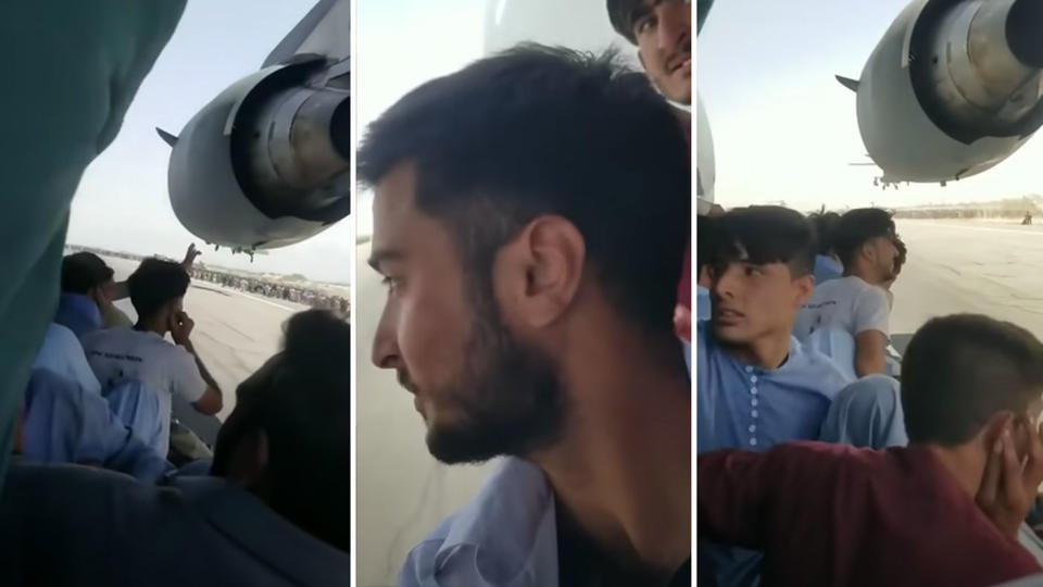 People were seen clinging to a plane about to take off in Afghanistan. Source: YouTube/Persian Media