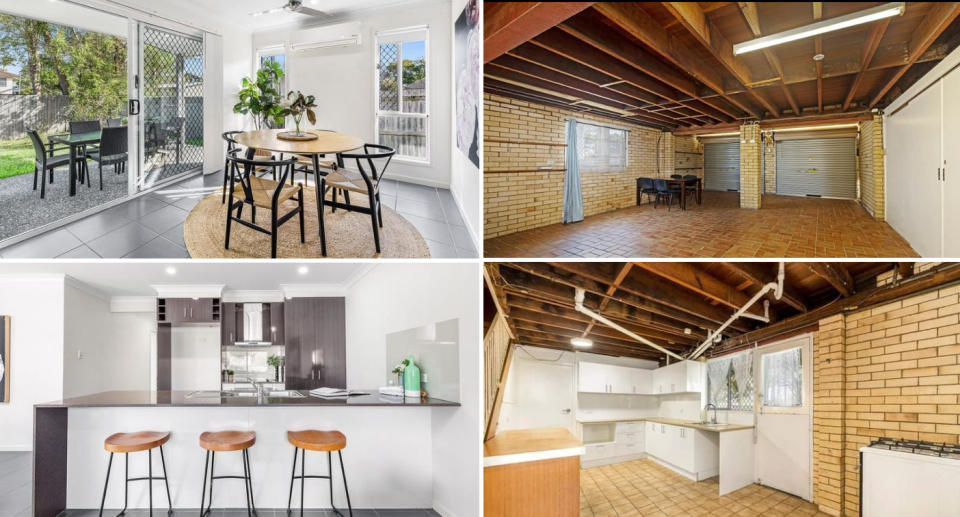 Comparison images of the $470 per week 'granny flat' (right) and a $565 per week home (left) just around the corner.