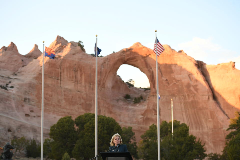 First lady Jill Biden speaks during a live radio address to the Navajo Nation at the Window Rock Navajo Tribal Park & Veterans Memorial in Window Rock, Ariz., on Thursday, April 22, 2021.(Mandel Ngan/Pool via AP)