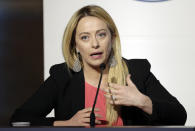 FILE — Brothers of Italy's Giorgia Meloni attends a media event for center-right leaders ahead of the March 4 general elections, in Rome, Thursday, March 1, 2018. With God, homeland and "natural" family prominent in her political manifesto, Giorgia Meloni, whose Fratelli d'Italia (Brothers of Italy) party with neo-fascist roots has been fast rising in popularity in view of the upcoming Sept. 25 elections for Parliament, is positioning herself to become Italy's first far-right premier and the first woman to hold that office. (AP Photo/Andrew Medichini)