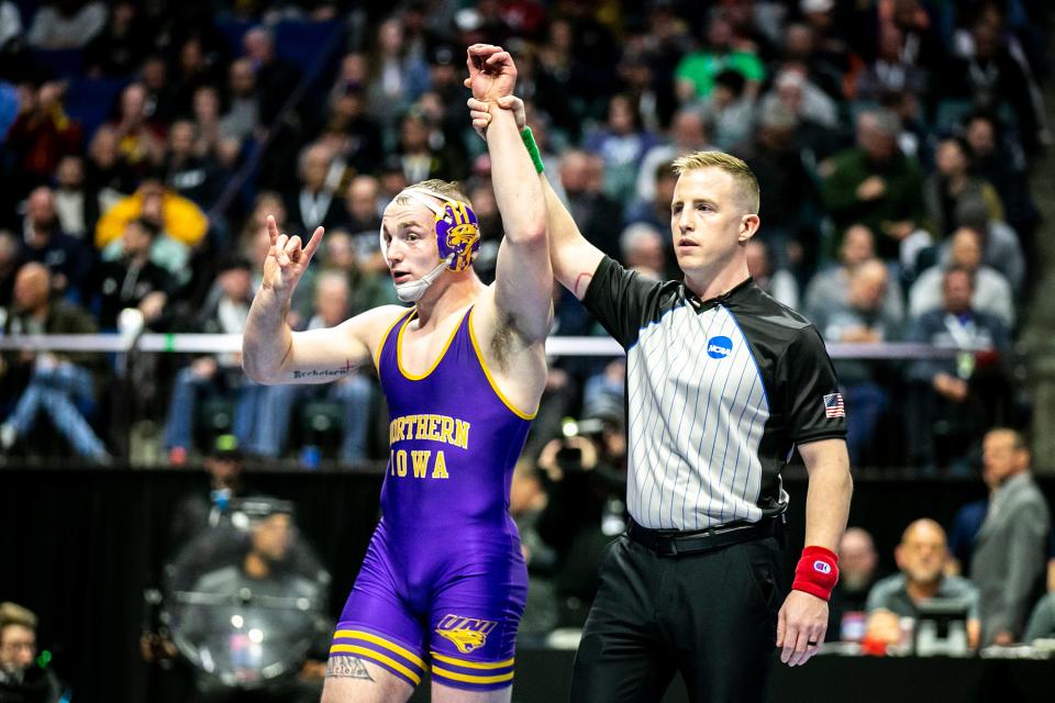 Northern Iowa's Parker Keckeisen reacts after his match against Oregon State's Trey Munoz at 184 pounds in the semifinals during the fourth session of the NCAA Division I Wrestling Championships, Friday, March 17, 2023, at BOK Center in Tulsa, Okla.