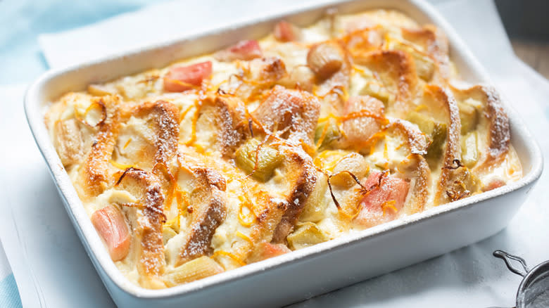 rhubarb bread pudding in dish