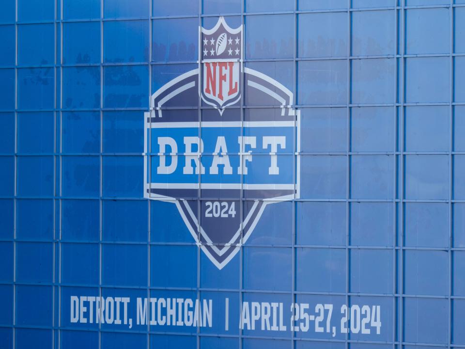 DETROIT, MI - NOVEMBER 24: The NFL Draft 2024 logo is pictured on the exterior of Ford Field before a college football game between the Penn State Nittany Lions and the Michigan State Spartans on November 24, 2023 at Ford Field in Detroit, Michigan. (Photo by Joseph Weiser/Icon Sportswire via Getty Images)