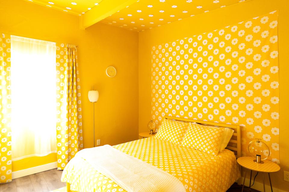The Rainbow Getaway&#x002019;s daisy room was inspired by a pattern found on Society6, one of Margaret and Corey&#x002019;s sponsors. &#x00201c;I don&#x002019;t think we&#x002019;ve done anything with yellow before,&#x00201d; Margaret told Clever about working with the home owner&#x002019;s desire to have a yellow room. &#x00201c;That was just kind of a figure-out-a-way-to-make-it-work.&#x00201d;