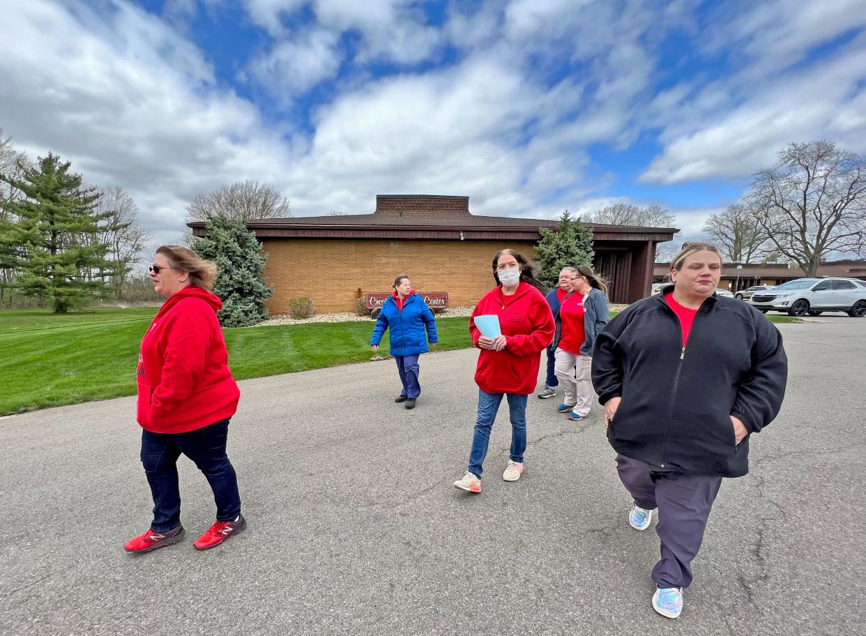 SEIU 1199 nursing home workers at Crestwood Care Center walk to Main Street in Shelby to read a statement and  demonstrate just how important the worker's voice is to fix the nursing home crisis.