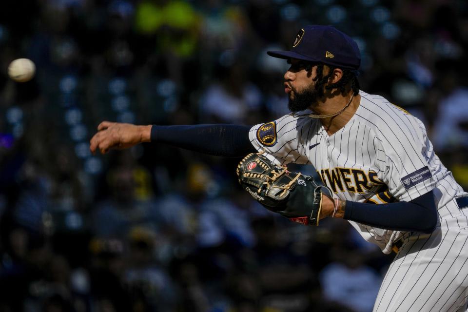 Milwaukee Brewers relief pitcher Devin Williams throws during the ninth inning of a baseball game against the Washington Nationals Sunday, Sept. 17, 2023, in Milwaukee. (AP Photo/