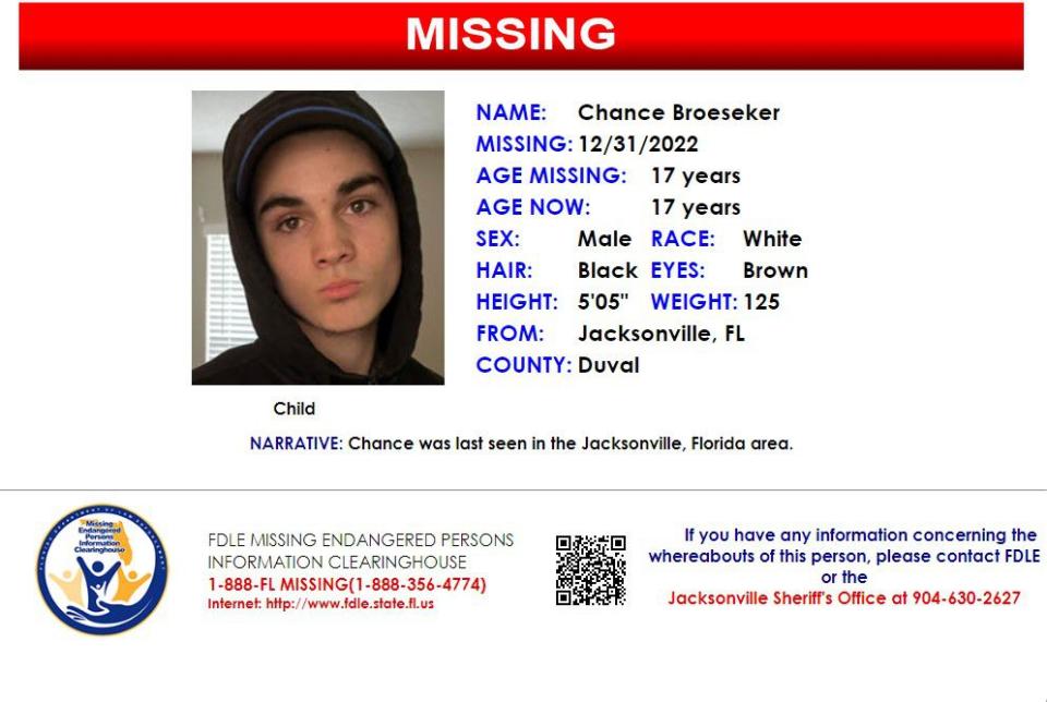 Chance Broeseker was reported missing from Jacksonville on Dec. 31, 2022.