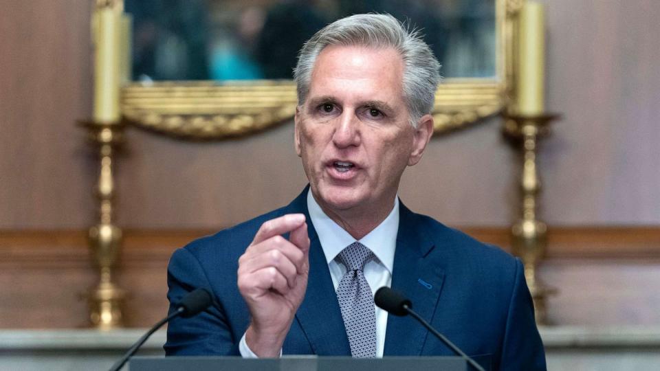 PHOTO: Former Speaker of the House Rep. Kevin McCarthy speaks during a news conference at the Capitol, Oct. 9, 2023. (Jose Luis Magana/AP)