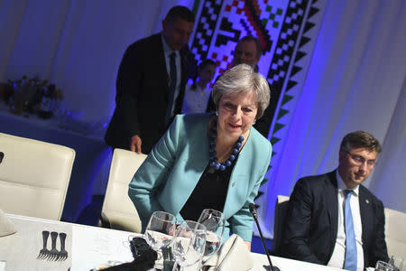 British Prime Minister Theresa May arrives for an informal dinner ahead of a summit with leaders of the six Western Balkans countries in Sofia, Bulgaria, May 16, 2018. Vassil Donev/Pool via REUTERS