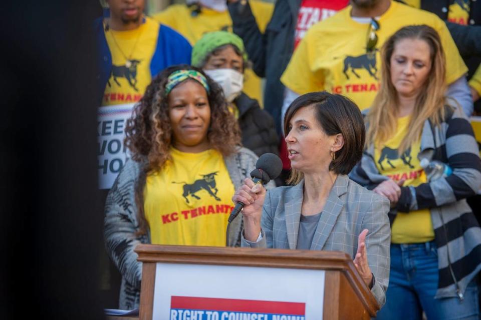 Gina Chiala, executive director of the Heartland Center, advocates for the Right to Counsel ordinance in front of City Hall in December.