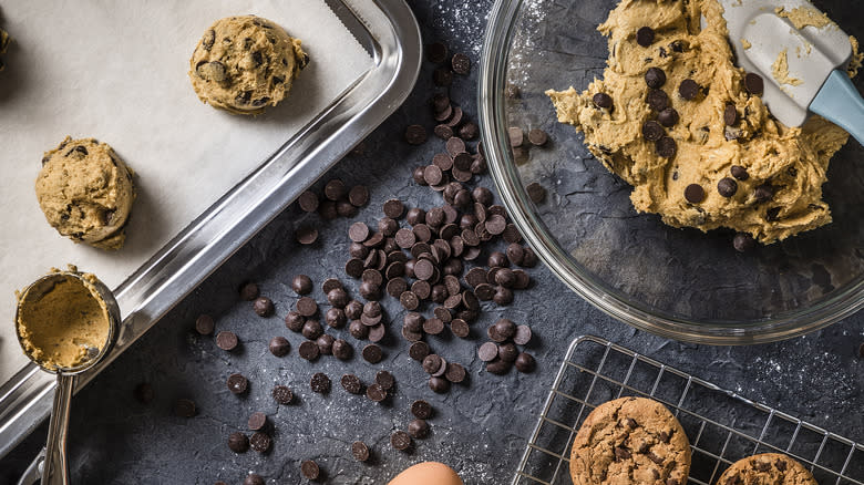 Pile of chocolate chips and cookie dough