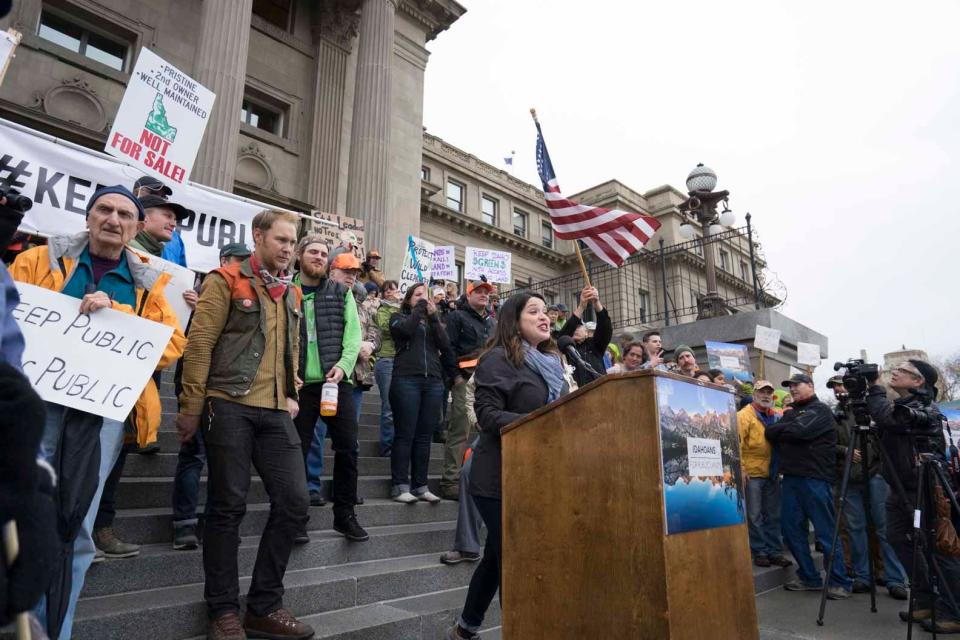 Rialin Flores, executive director of Conservation Voters for Idaho gives a speech at a 2017 public lands rally at the Idaho State Capitol.
