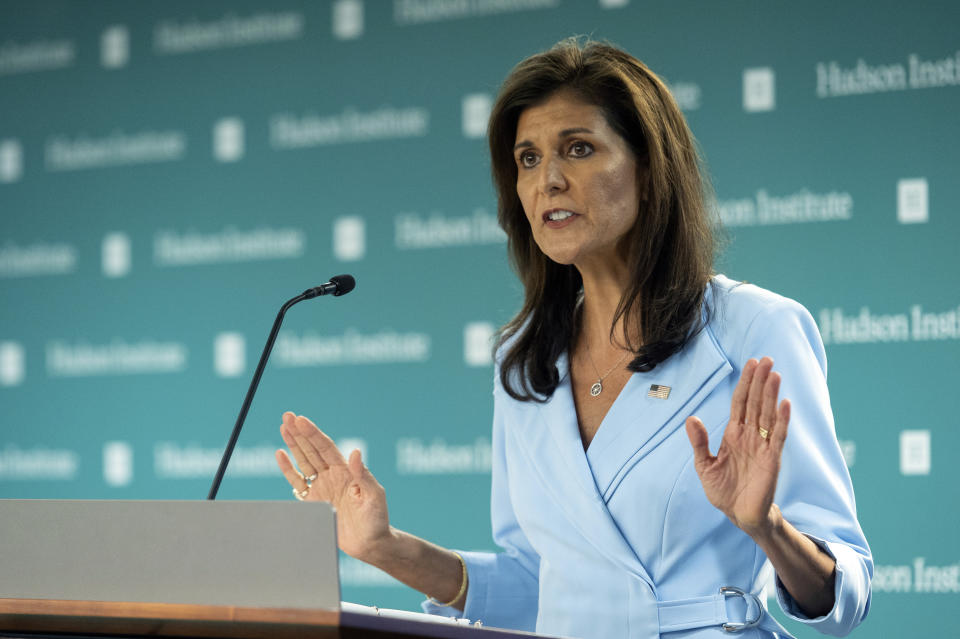 Former U.N. Ambassador Nikki Haley speaks at the Hudson Institute in Washington, Wednesday, May 22, 2024. Haley says she will be voting for Donald Trump in the general election, encouraging the presumptive GOP nominee to work hard to win support from those who backed her in the primary. (AP Photo/Cliff Owen)