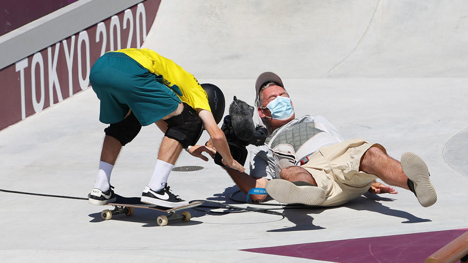 Kieran Woolley is seen here after crashing into a cameraman in the preliminary rounds. 