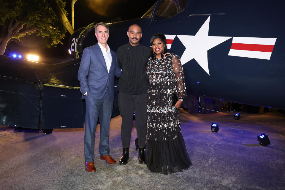 Los Angeles, CA - November 15, 2022: Tom Hudner, J.D. Dillard, Director, and Jessica Knight Henry at the Premiere of Columbia Pictures’ DEVOTION at the Regency Village Theatre in Westwood.