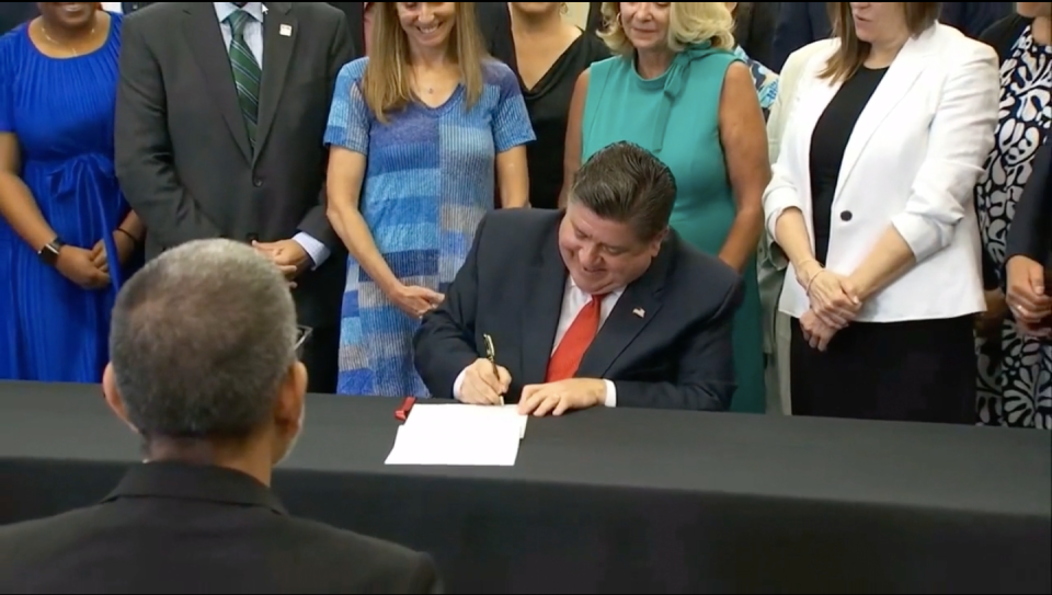Gov. JB Pritzker signed a bill creating new regulations on carbon capture and sequestration at Richland Community College on Thursday, July 18, 2024.