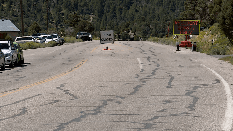 A road closure at SR 156 near The Retreat that tells non-residents they are not permitted past it due to poor road conditions.” (KLAS)