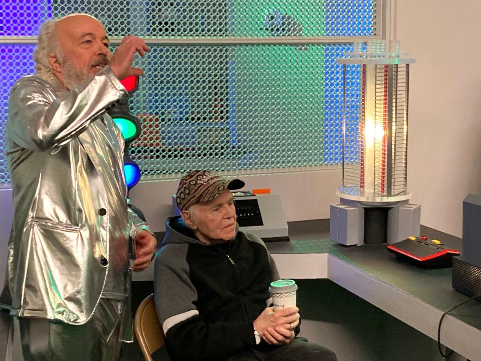 Clint Howard, left, re-enacts a scene he took part in on the "Star Trek" episode "The Corbomite Maneuver" as "Star Trek" actor Walter Koenig listens May 18, 2024 during the "Trekonderoga" gathering at the "Star Trek" Original Series Set Tour site in Ticonderoga, New York.