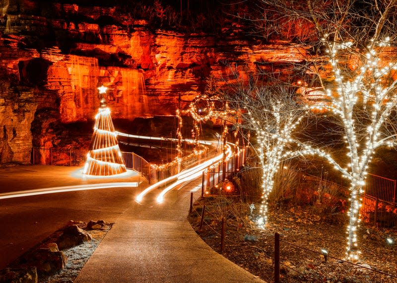 Christmas lights illuminate the bluffs at Top of the Rock in Ridgedale.